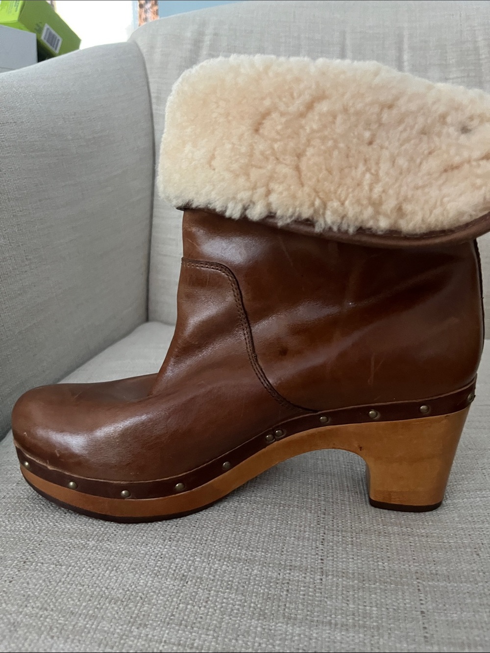 UGG Brown Leather Clog Heeled Boots - Picture 2 of 12